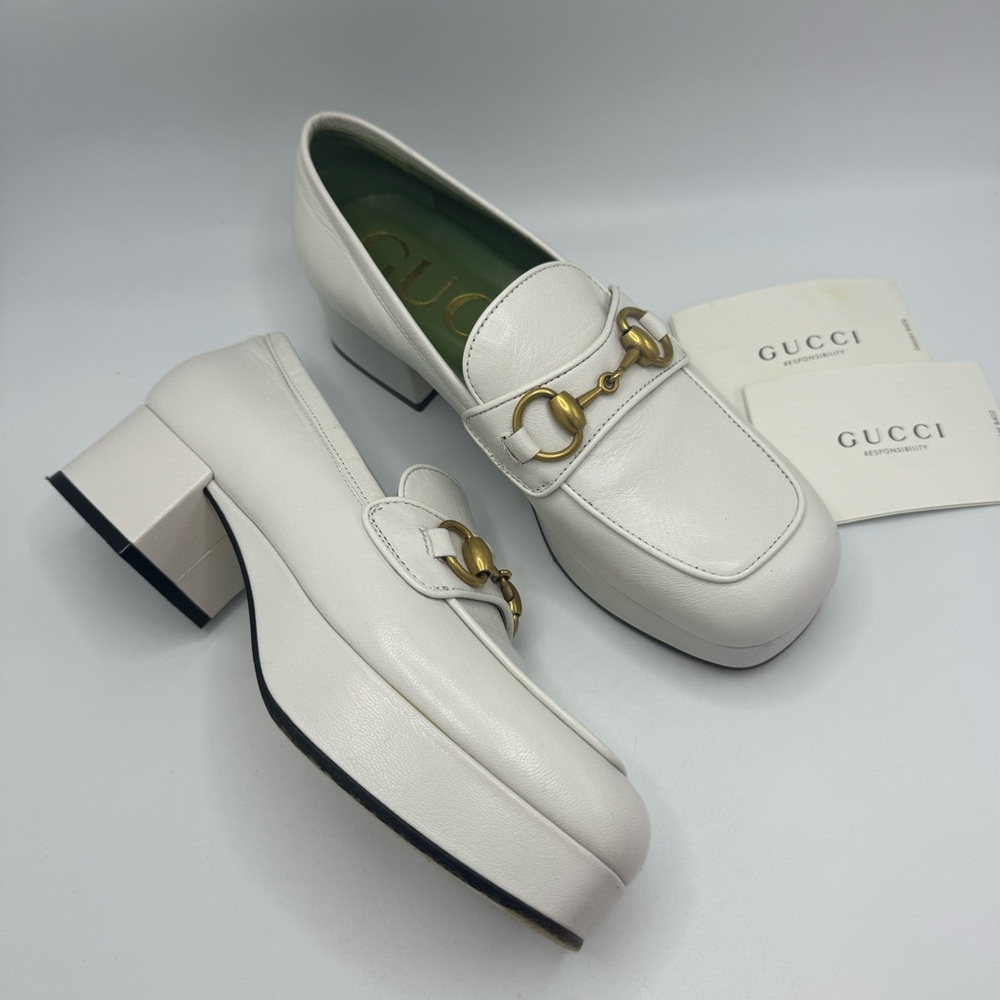 Gucci Houdan 15 Horsebit Platform Loafer Pump in White Leather Size 35.5 EU
